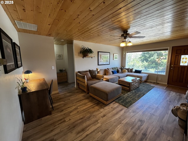 475 Burnham Ave, Maupin, OR 97037 - living room featuring wood finished floors, wood ceiling, a ceiling fan, and baseboards