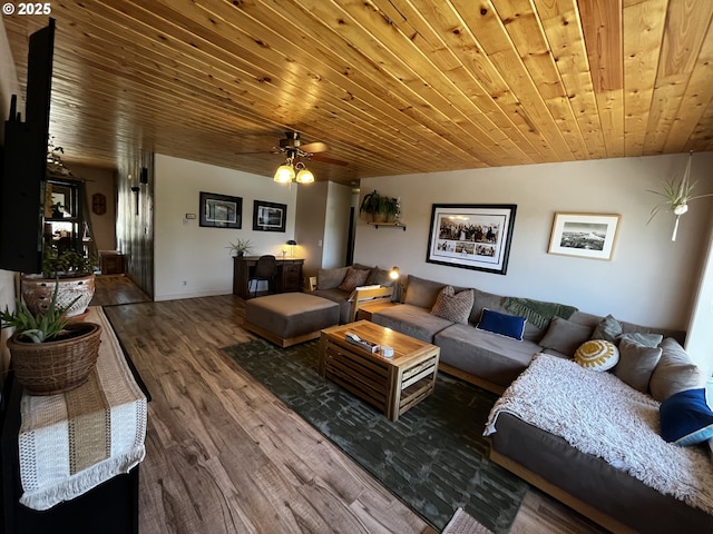475 Burnham Ave, Maupin, OR 97037 - living room featuring wood ceiling, wood finished floors, and a ceiling fan