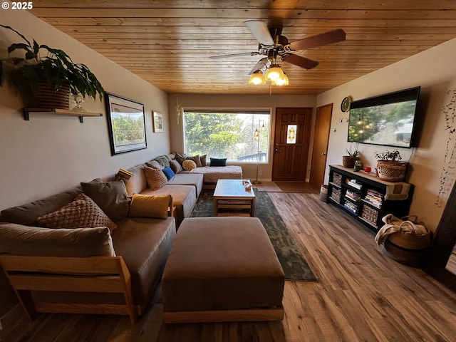 475 Burnham Ave, Maupin, OR 97037 - living room featuring wooden ceiling, a ceiling fan, and wood finished floors