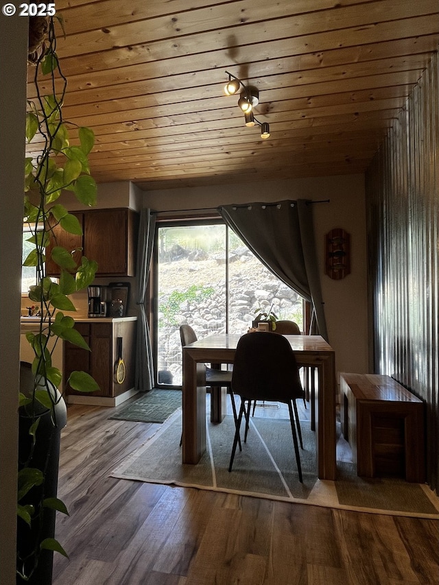 475 Burnham Ave, Maupin, OR 97037 - dining room with wooden ceiling, wood finished floors, and rail lighting