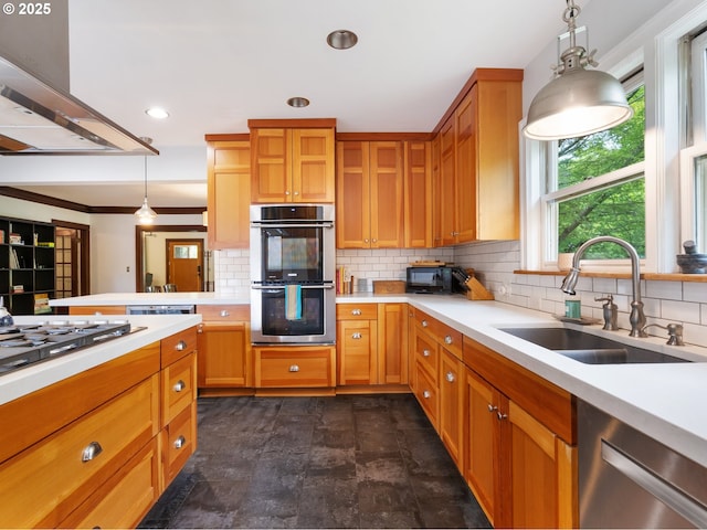 kitchen with stainless steel appliances, a sink, island range hood, light countertops, and tasteful backsplash