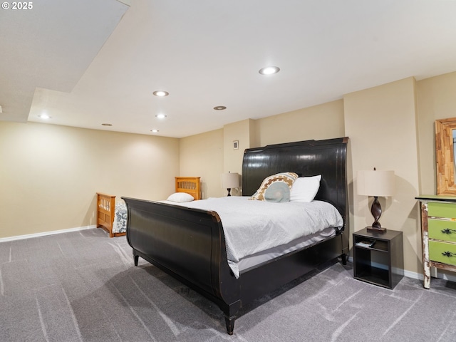 bedroom with carpet, baseboards, and recessed lighting
