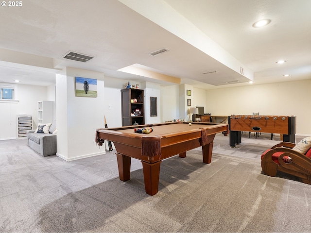 game room featuring carpet floors, billiards table, baseboards, and recessed lighting