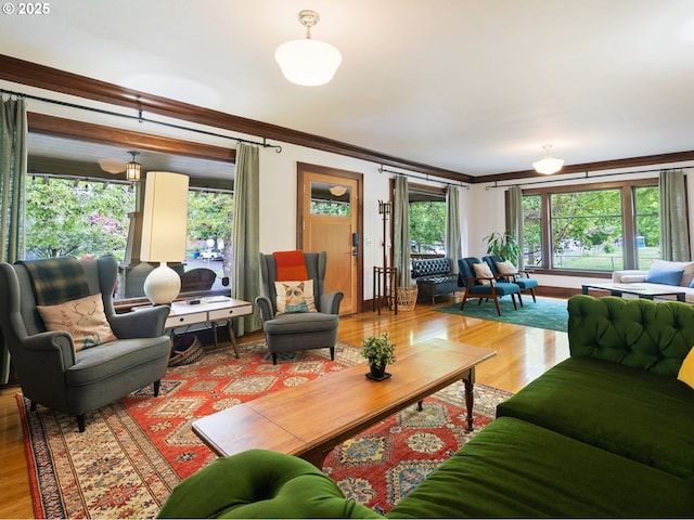 living area with ornamental molding and wood finished floors