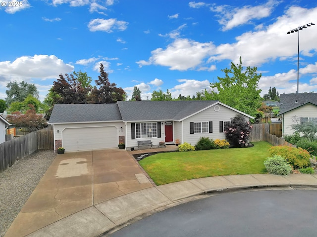 ranch-style home with an attached garage, driveway, a shingled roof, and brick siding