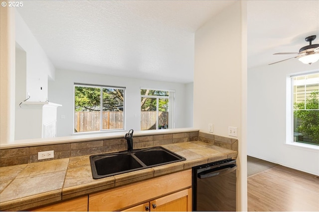 kitchen featuring a ceiling fan, wood finished floors, black dishwasher, and a sink