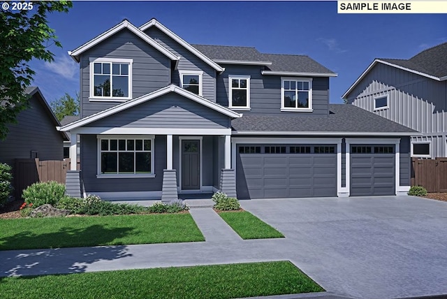 craftsman-style house featuring a garage and a front lawn