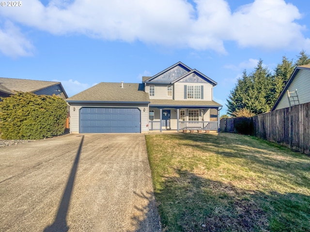 view of front facade with a porch, an attached garage, fence, concrete driveway, and a front lawn