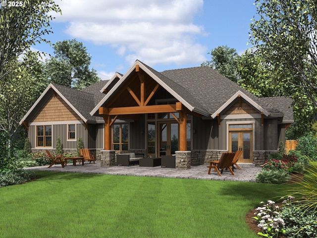 3340 SW Redmond Hill Rd, Mcminnville, OR 97128 - rear view of house with french doors, a yard, board and batten siding, a patio area, and a shingled roof