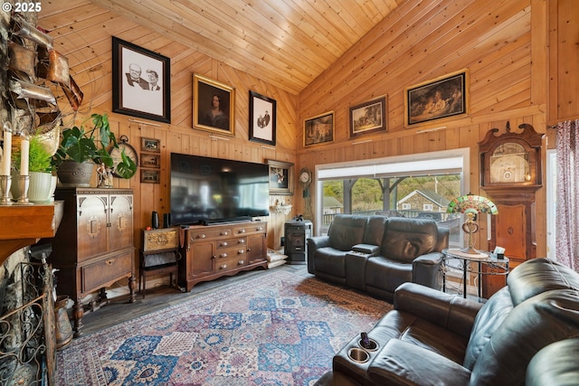 living room with wood-type flooring, wooden ceiling, high vaulted ceiling, and wood walls