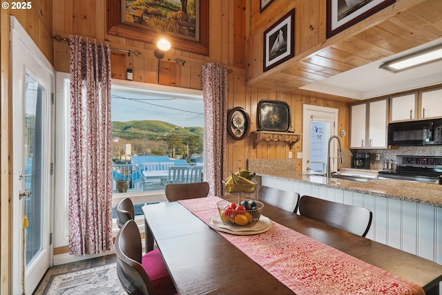 dining space featuring sink and wood walls