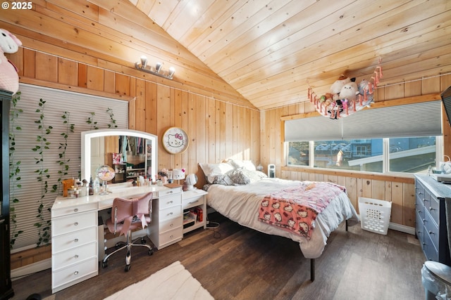 bedroom featuring lofted ceiling, dark wood-type flooring, wooden ceiling, and wood walls