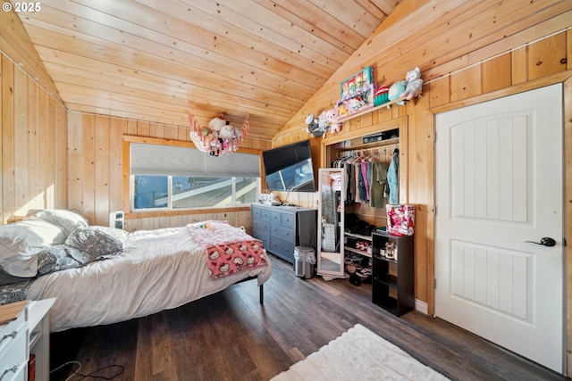 bedroom with lofted ceiling, dark hardwood / wood-style floors, wood ceiling, and wood walls