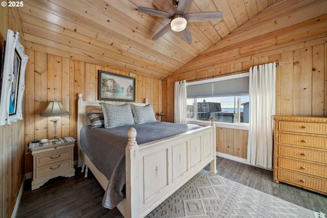 bedroom with dark wood-type flooring, ceiling fan, vaulted ceiling, wooden ceiling, and wood walls