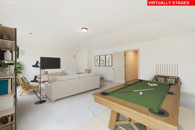 17544 SW Keystone Ct, Beaverton, OR 97007 - game room featuring lofted ceiling, billiards table, carpet flooring, and radiator