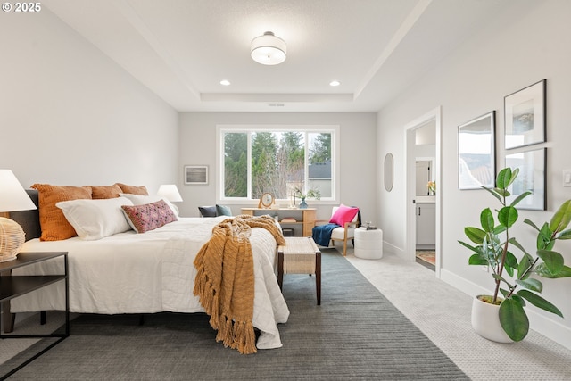 2901 NW 114th Ter, Portland, OR 97229 - bedroom featuring dark carpet, recessed lighting, a tray ceiling, and baseboards