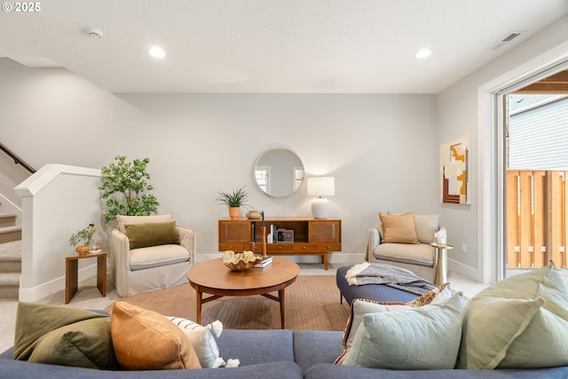 2901 NW 114th Ter, Portland, OR 97229 - living room with light colored carpet, baseboards, recessed lighting, and stairs