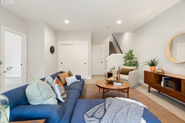 2901 NW 114th Ter, Portland, OR 97229 - living area featuring stairway, recessed lighting, light colored carpet, and baseboards