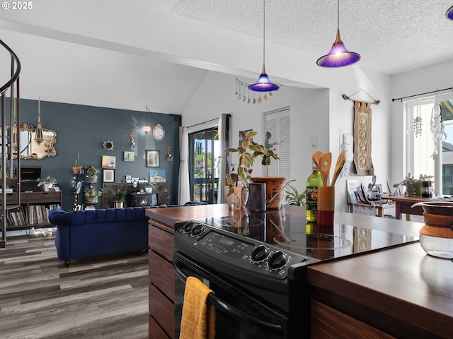 346 NE Skipanon Dr Unit 46, Warrenton, OR 97146 - kitchen with black electric range oven, plenty of natural light, wood finished floors, vaulted ceiling, and a textured ceiling