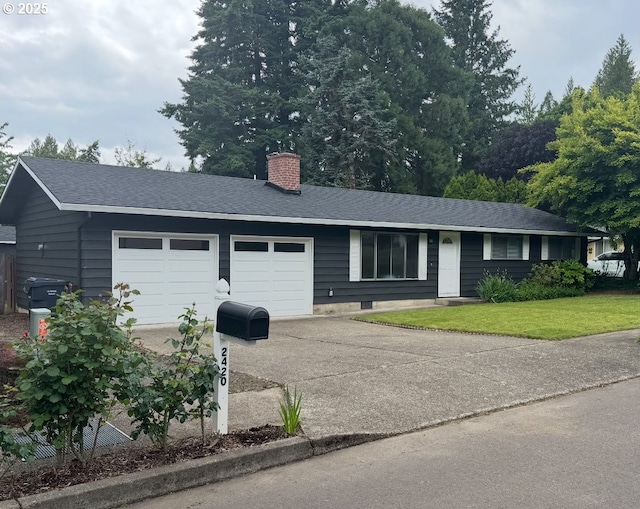2420 Margery St, West Linn, OR 97068 - ranch-style home with a garage, concrete driveway, a chimney, a shingled roof, and a front lawn