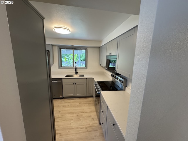 2420 Margery St, West Linn, OR 97068 - kitchen with a sink, stainless steel appliances, light wood-style flooring, and gray cabinets