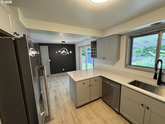 2420 Margery St, West Linn, OR 97068 - kitchen featuring appliances with stainless steel finishes, gray cabinetry, a peninsula, and light wood-style floors