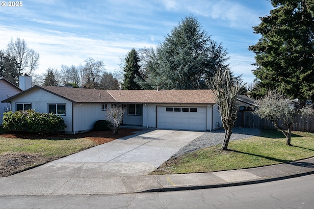 ranch-style home with driveway, an attached garage, fence, and a front lawn