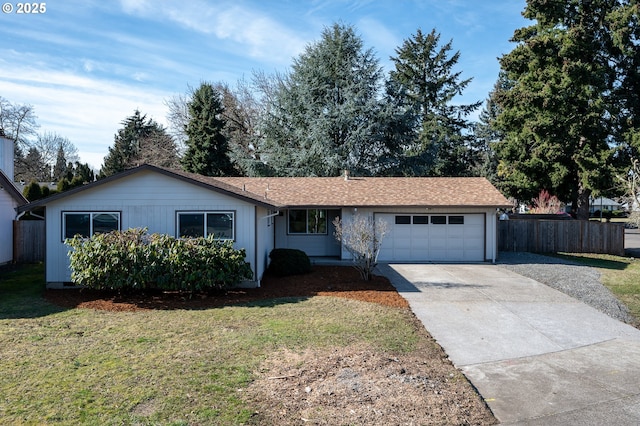 ranch-style home featuring driveway, a front lawn, an attached garage, and fence