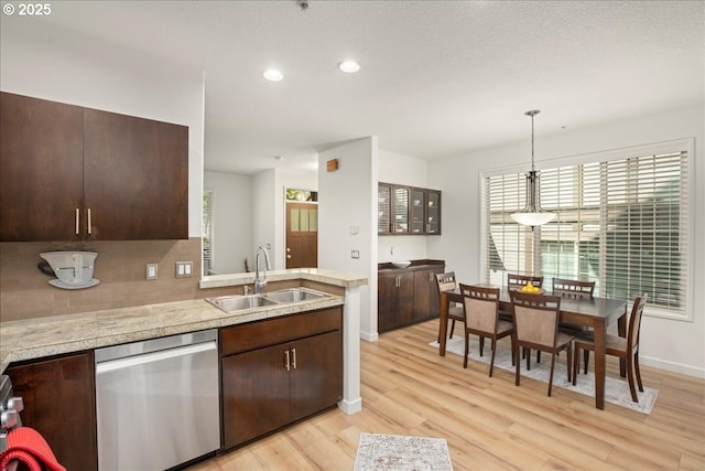 4891 NW Blandy Ter, Portland, OR 97229 - kitchen with dishwasher, a sink, dark brown cabinets, recessed lighting, and light wood-style floors