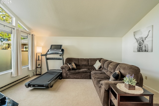 workout room with vaulted ceiling, carpet, a textured ceiling, and baseboard heating