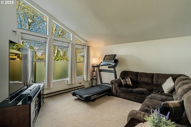 exercise room featuring a baseboard radiator, light colored carpet, a textured ceiling, and vaulted ceiling