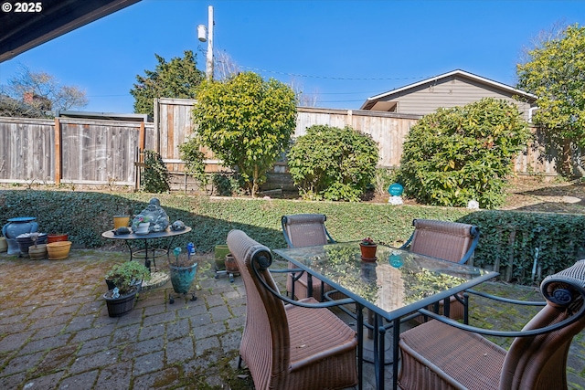 view of patio / terrace featuring a fenced backyard and outdoor dining space