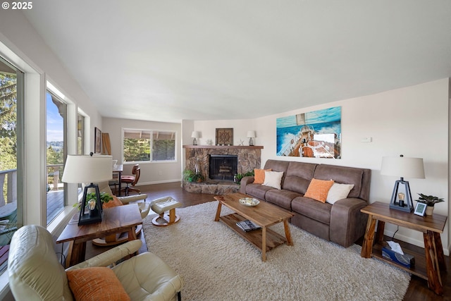 living area featuring baseboards, wood finished floors, and a fireplace