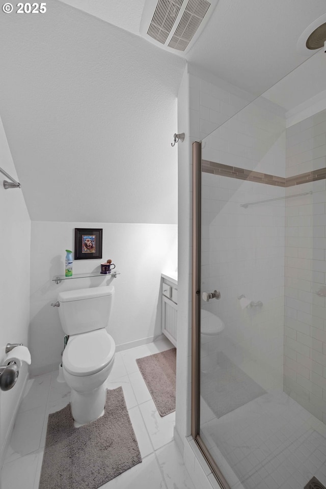 bathroom with visible vents, toilet, a stall shower, and vanity