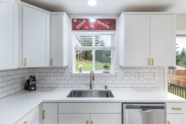 110 Axis Rd, Castle Rock, WA 98611 - kitchen featuring stainless steel dishwasher, a sink, white cabinetry, light countertops, and recessed lighting