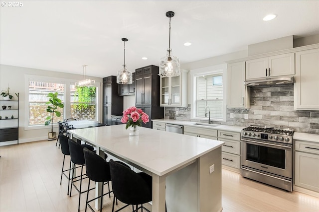 kitchen with stainless steel appliances, a sink, under cabinet range hood, a center island, and decorative backsplash