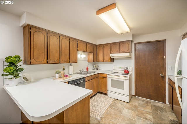 kitchen with brown cabinetry, a sink, a peninsula, white appliances, and under cabinet range hood