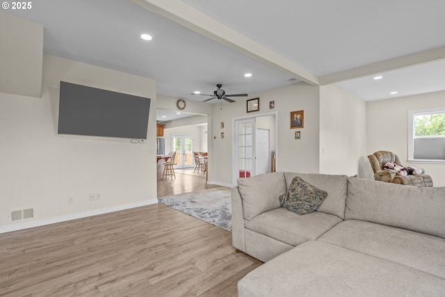 245 NE Balm St, Sheridan, OR 97378 - living room with light wood-type flooring, recessed lighting, baseboards, beam ceiling, and ceiling fan