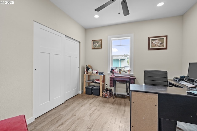 245 NE Balm St, Sheridan, OR 97378 - office space with light wood finished floors, ceiling fan, and recessed lighting