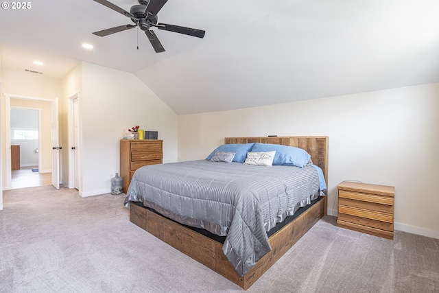 245 NE Balm St, Sheridan, OR 97378 - bedroom with carpet floors, lofted ceiling, recessed lighting, baseboards, and ceiling fan