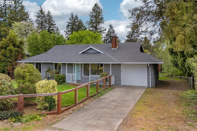 ranch-style house featuring roof with shingles, an attached garage, a gate, a chimney, and fence private yard