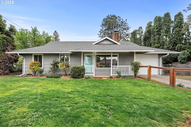 single story home with a shingled roof, a garage, a porch, a front yard, and a chimney
