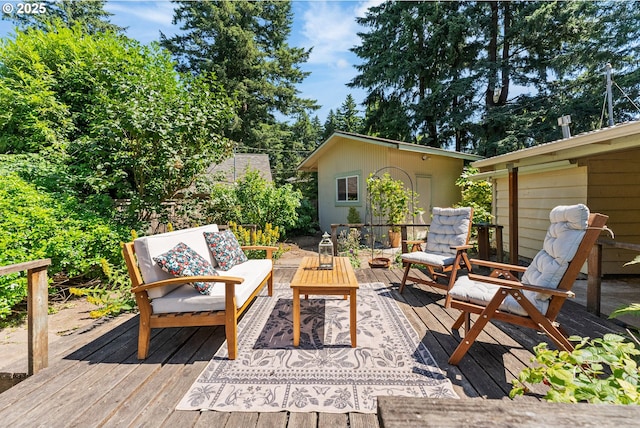 16511 NE Wasco St, Portland, OR 97230 - wooden deck with an outdoor hangout area and an outbuilding