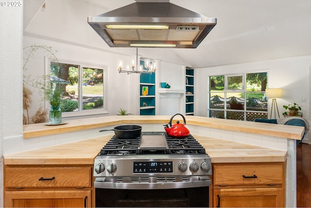 16511 NE Wasco St, Portland, OR 97230 - kitchen with wooden counters, stainless steel range with gas stovetop, wall chimney range hood, and a chandelier