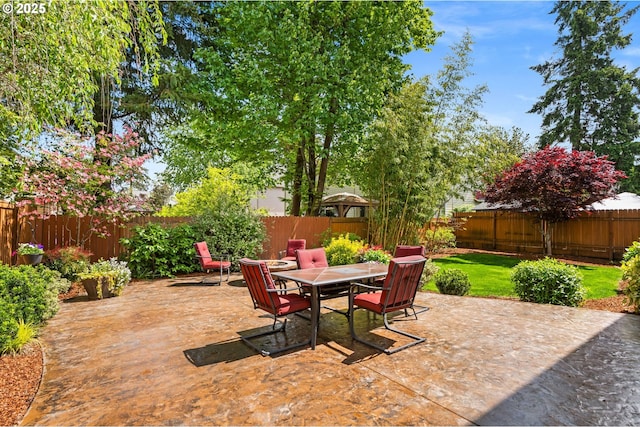 view of patio with outdoor dining area and a fenced backyard