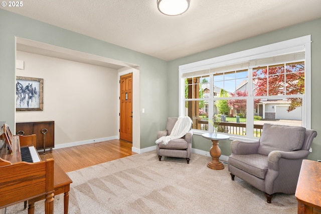 sitting room with baseboards and carpet flooring
