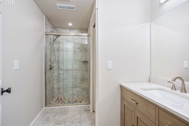 33500 E Bell Rd, Corbett, OR 97019 - full bathroom featuring marble finish floors, vanity, a marble finish shower, and recessed lighting