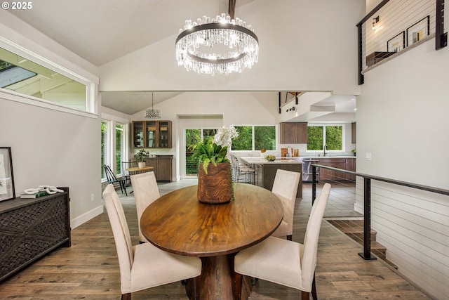 33500 E Bell Rd, Corbett, OR 97019 - dining area featuring wood finished floors, a chandelier, and high vaulted ceiling