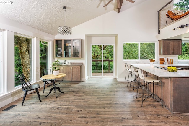 33500 E Bell Rd, Corbett, OR 97019 - kitchen featuring high vaulted ceiling, a kitchen breakfast bar, light countertops, glass insert cabinets, and healthy amount of natural light