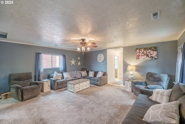 31501 Stoltz Hill Rd, Lebanon, OR 97355 - living room featuring crown molding, ceiling fan, light colored carpet, and a textured ceiling